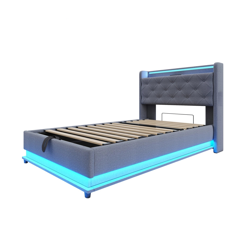 Letto imbottito 90x200 cm con LED e USB; contenitore idraulico; tessuto in lino; grigio