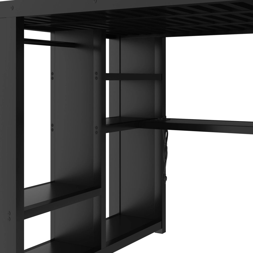 Letto a soppalco gaming 140x200 cm con scrivania; guardaroba aperto; scala contenitore; LED e USB; metallo nero