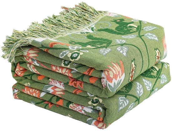 Coperta Boho da 100% cotone - Doppia coperta con disegno scoiattolo, 150x200cm, verde chiaro/bianco, ideale per salone e camera da letto, design estetico