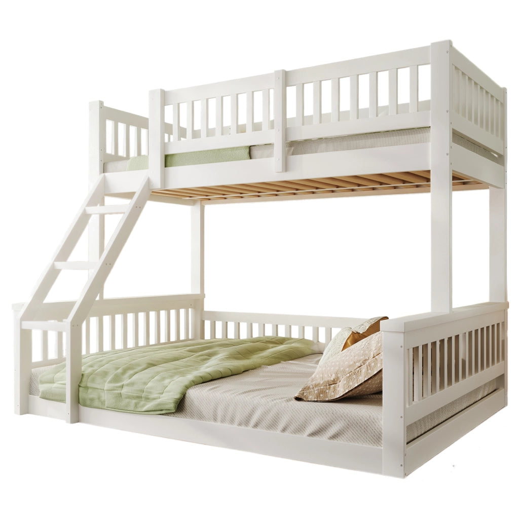 LETTO A CASTELLO 90x200 cm + 140x200 cm in legno bianco con scala e sponde