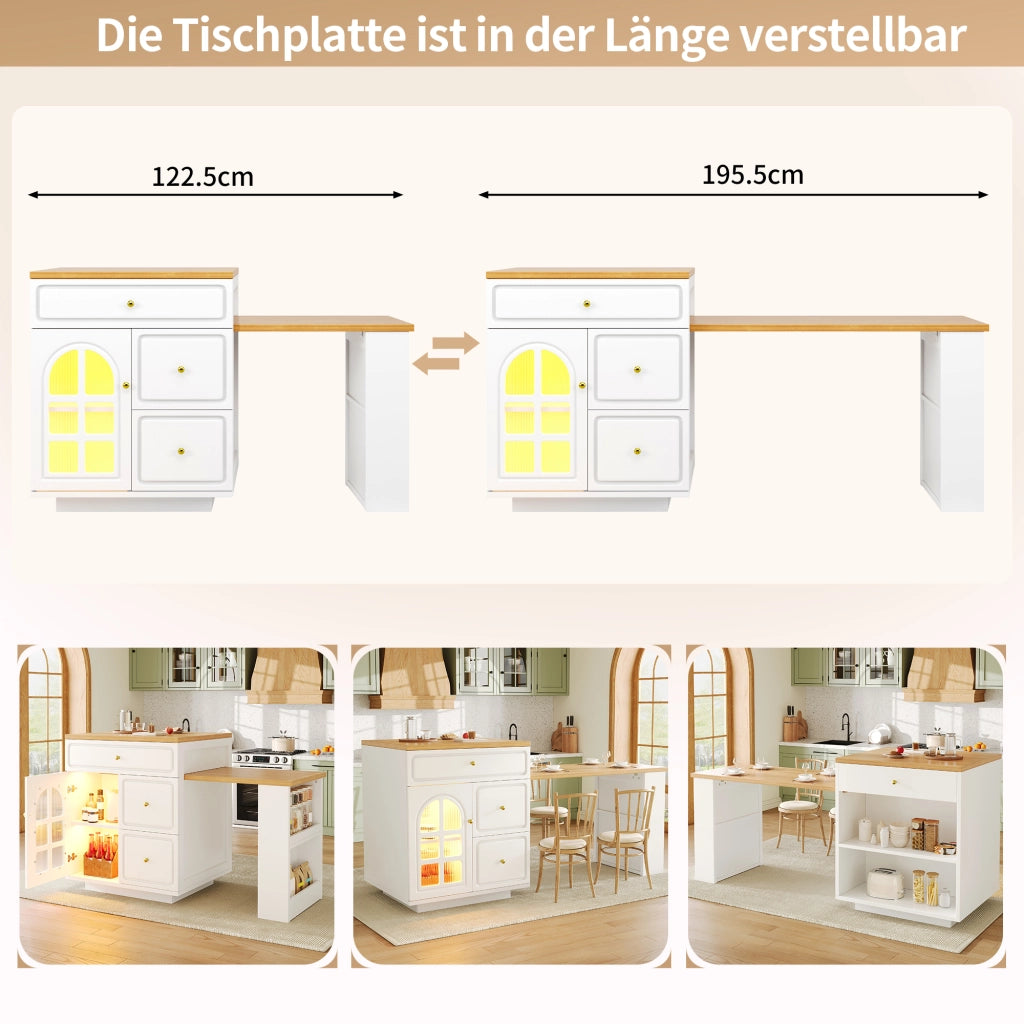 ISOLA CUCINA ESTENSIBILE 122,5-195,5x59x93,5 cm MDF BIANCO con LED RGB