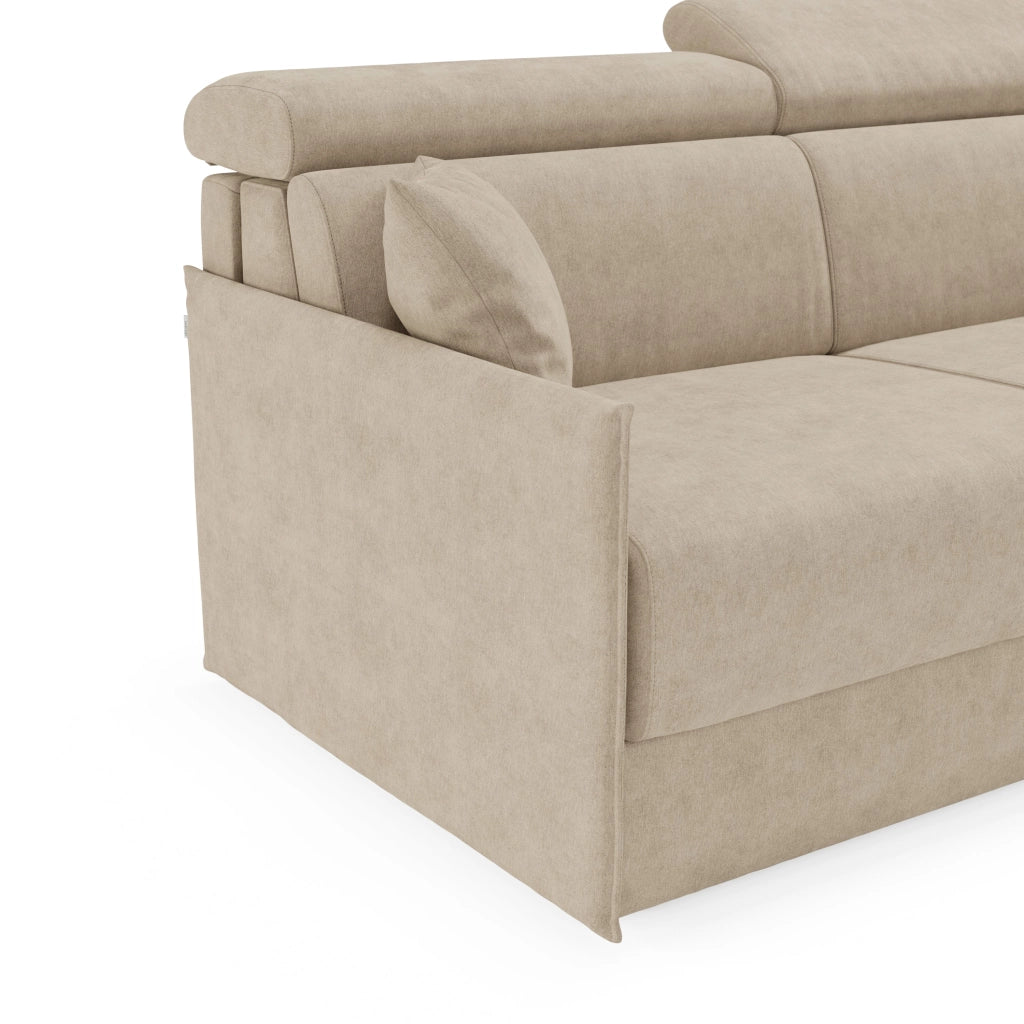 Miryam divano letto angolare compatto - poggiatesta reclinabili e penisola contenitore in tessuto smacchiabile T31 252 cm destro beige