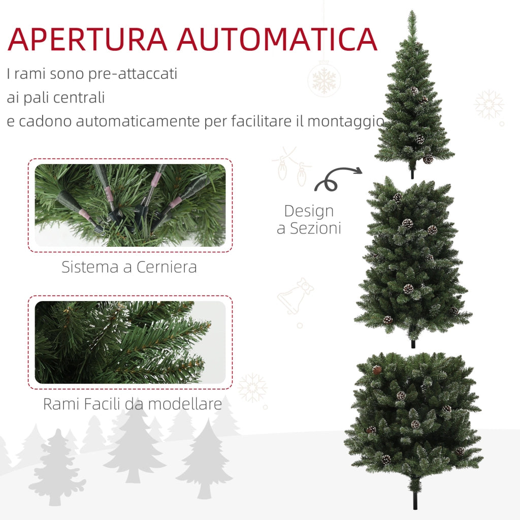 Albero di Natale Innevato Slim Alto 225 cm con 980 Rami Pigne e Base in Acciaio Verde