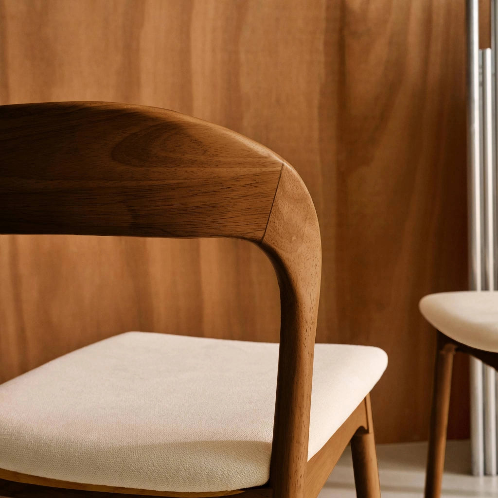 Set 2 sedie vintage in legno di hevea e tessuto, noce