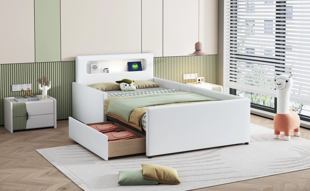 DESMIU Letto per bambini singolo con USB, luce notturna e cassetto 90 × 200 cm, senza materasso, bianco