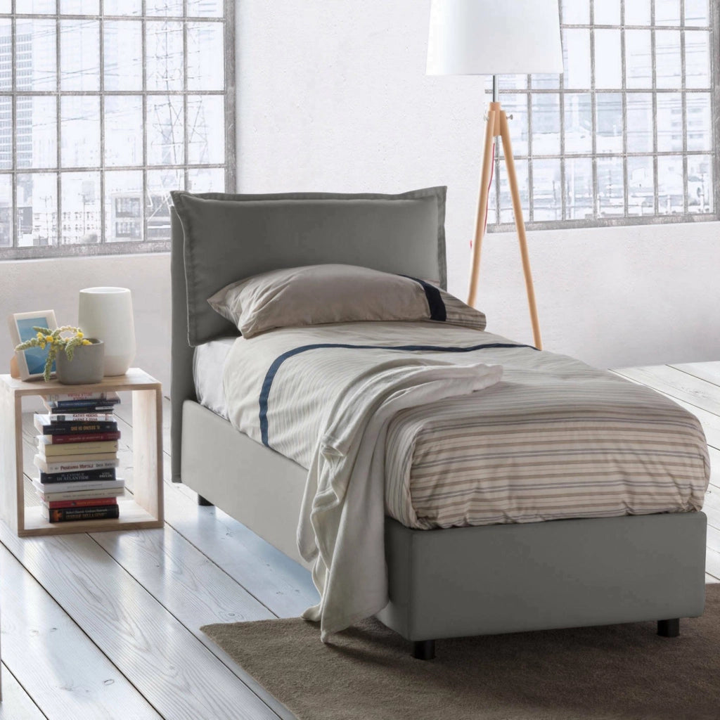 Letto singolo Aigor, Letto contenitore con rivestimento in tessuto, Made in Italy, Apertura frontale, adatto per materasso cm 90x190, Grigio