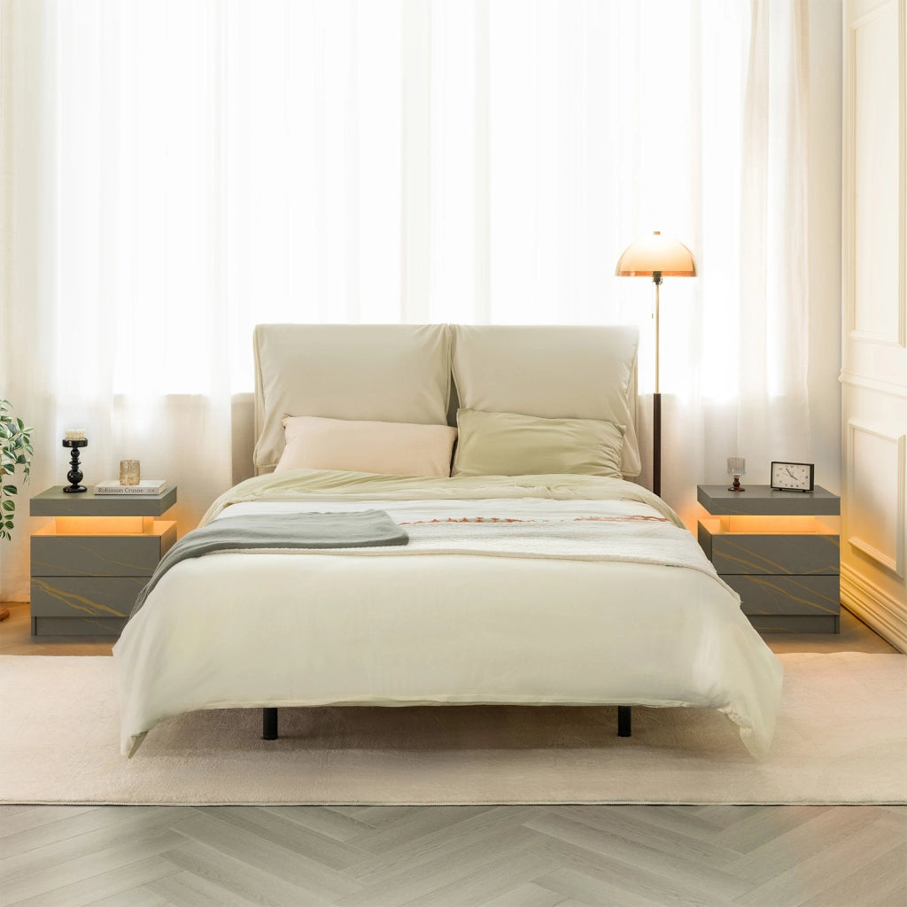 Comodino con 2 cassetti e vano aperto con LED per camera da letto; in truciolare; grigio oro; 58×41.5×36 cm