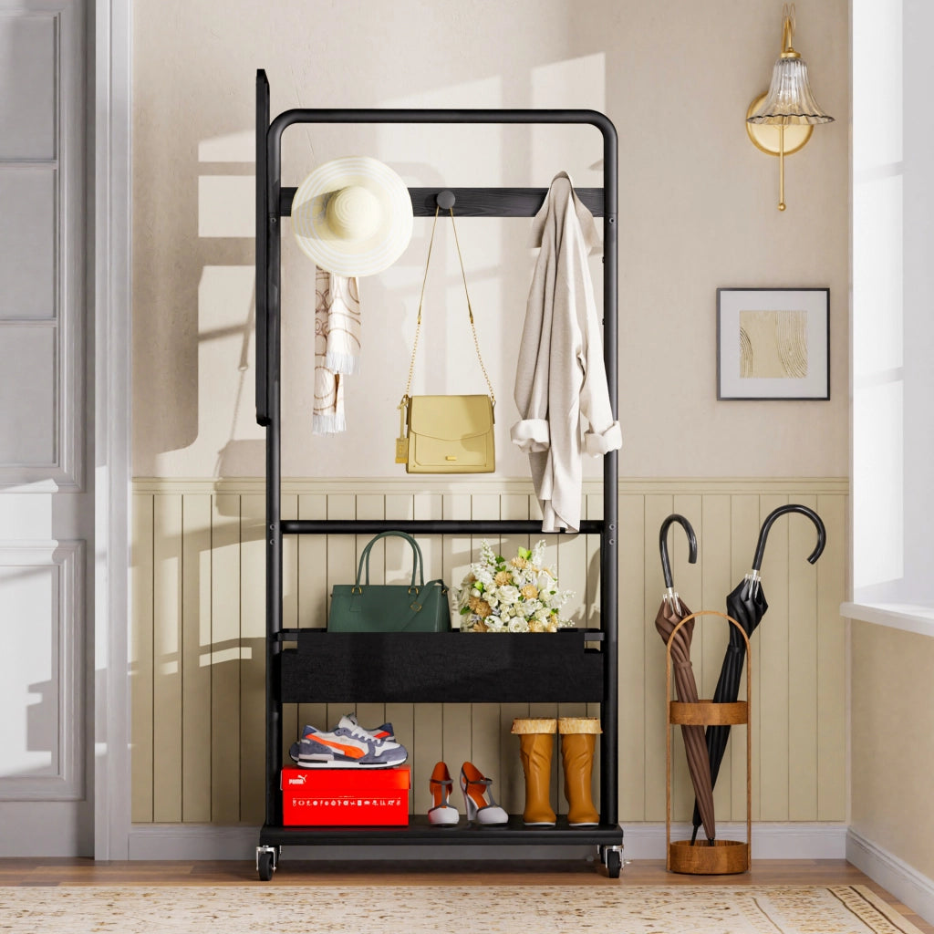 Armadio modulare aperto con vano appendiabiti; specchio e ruote - per ingresso - 70×40×170 cm - nero