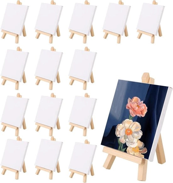Mini pennelli da pittura con tela - 15 pezzi - Tavole per pennelli da pittura in legno - 10x10 cm