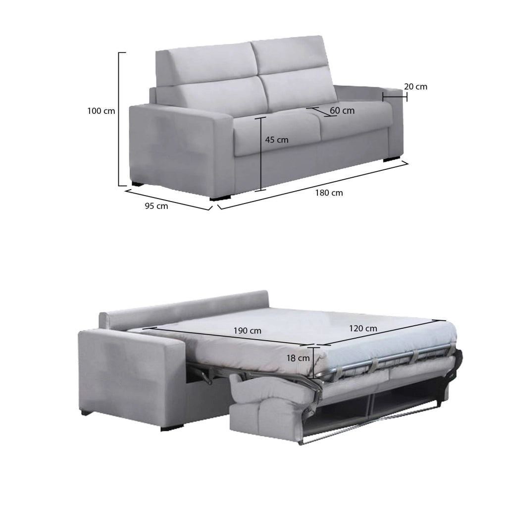 None, Divano Letto 2 Posti Sfoderabile Made in Italy, 180x95 cm Grigio