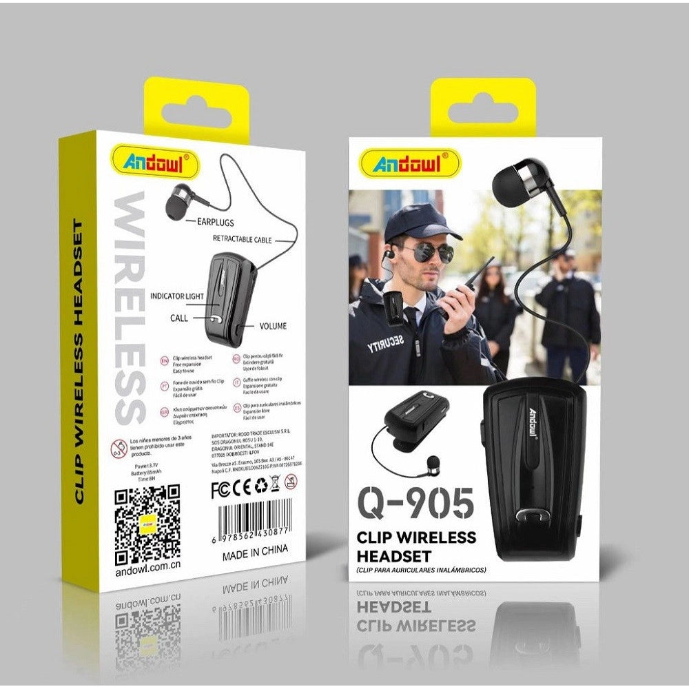 Trade Shop - Cuffie Wireless Bluetooth V5.0 Auricolare Senza Fili A Clip-on Retrattile Q-905 -