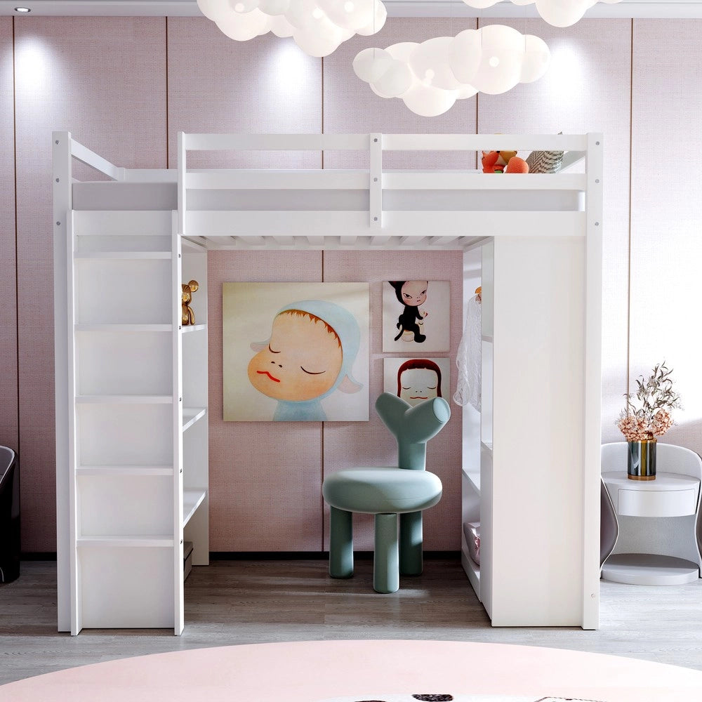 Letto a Soppalco Singolo ¨C MINIMAL ¨C Bianco, con Scaffali, Appendiabiti e Carrello, 90x200