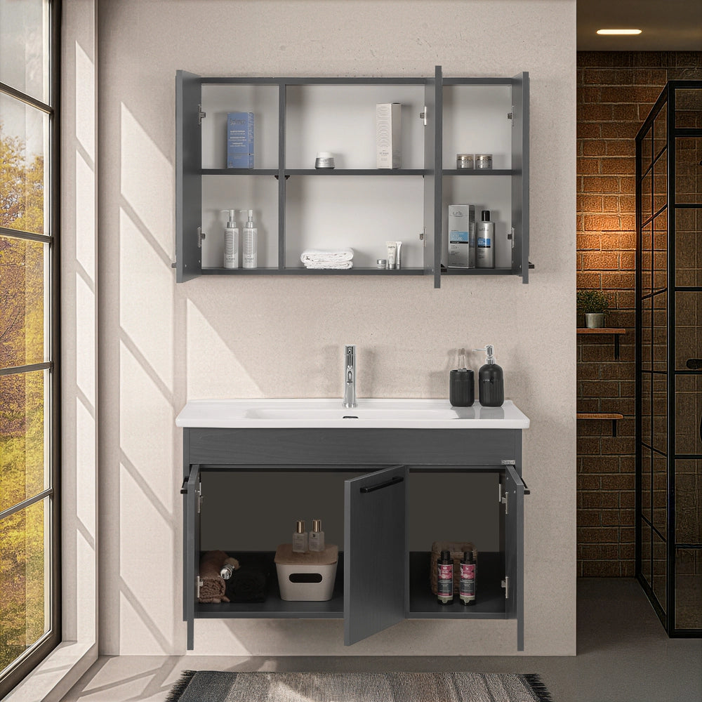 Mobile bagno sospeso 100 cm grigio effetto legno con armadietto a specchio Sofia