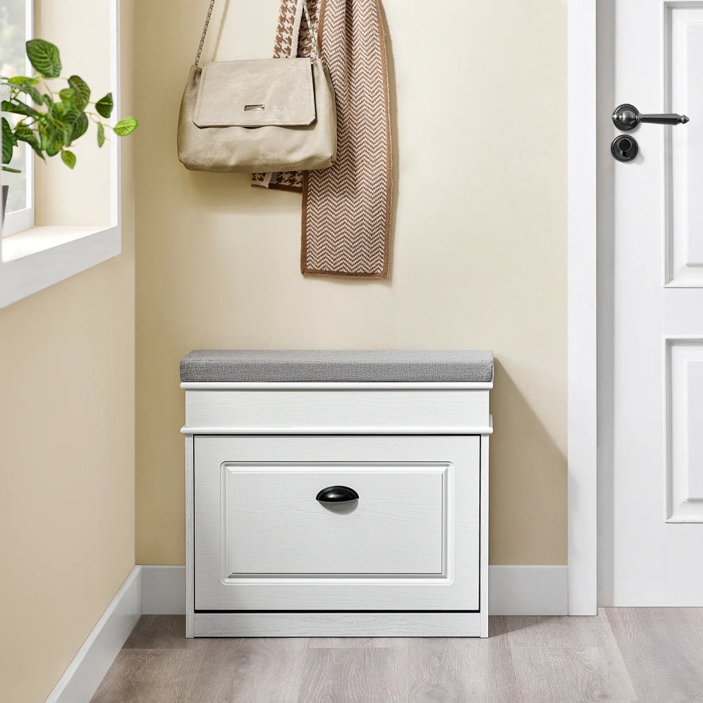 SoBuy FSR82-K-WG Scarpiera Salvaspazio Slim con Seduta Panca Scarpiera da Ingresso Contenitore in Legno Mobile Scarpiera Ingresso per Scarpe, 61x24x51cm Effetto Legno Invecchiato Bianco