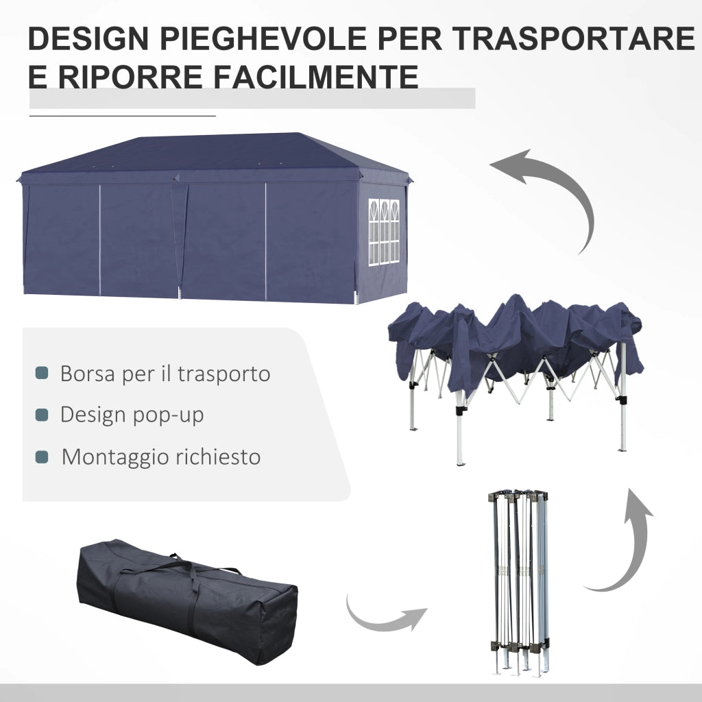 Gazebo 6x3 m Pieghevole da Giardino, in Acciaio e Poliestere con 6 Pannelli Laterali, Blu