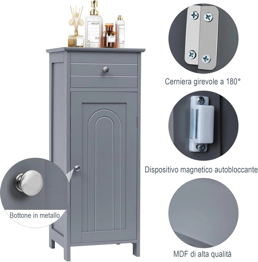 Mobile Bagno, Armadietto Salvaspazio con Cassetto e 2 Ripiani Regolabili, Mobiletto Multiuso in Legno per Soggiorno, Camera da letto e Ufficio, 36 x 30 x88cm (Grigio)