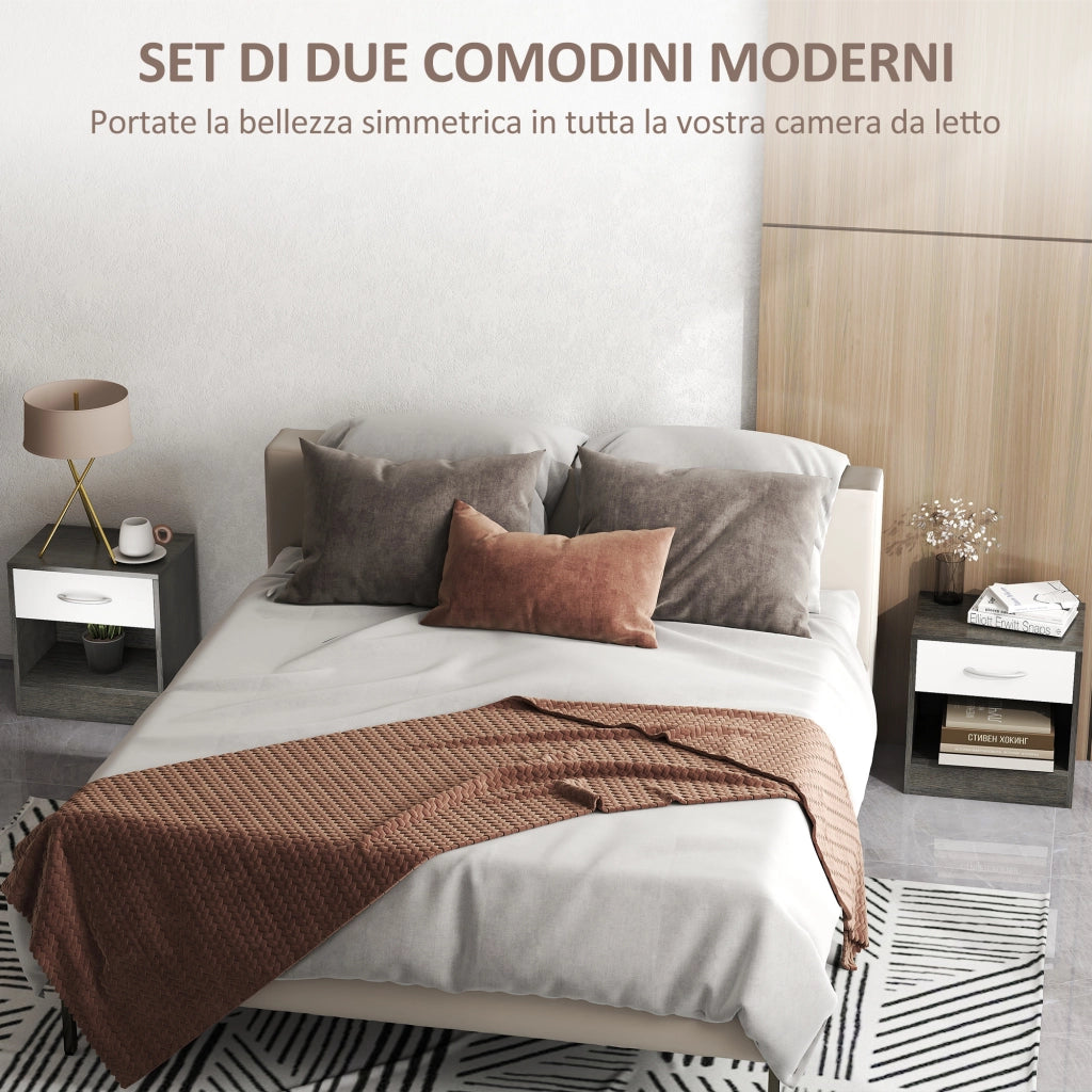 Set 2 Comodini con Cassetto e Ripiano Aperto 39x28x41 cm in Legno Bianco e Grigio Scuro