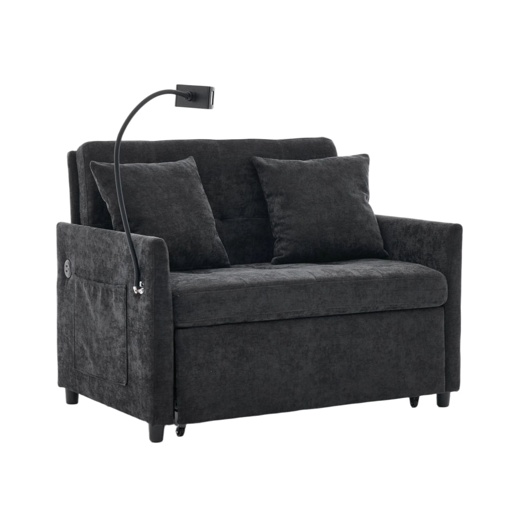 Divano letto convertibile con porta USB e supporto tablet, in lino spazzolato, Nero 109 × 72 × 83,5 cm