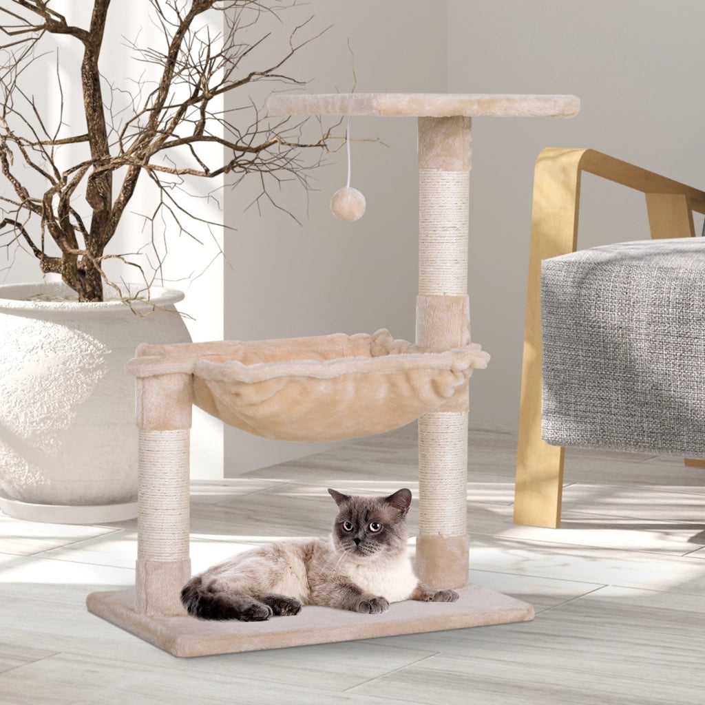 Torre per Gatti con Amaca e Pallina ¨C zephmum ¨C Legno e Peluche Beige 50x36x70