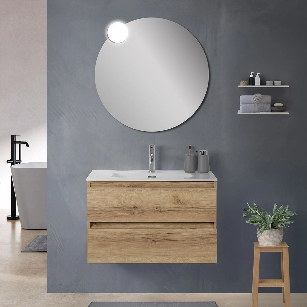 Mobile bagno sospeso 100 cm in legno color quercia naturale 2 cassettoni con lavabo e specchio  Leda