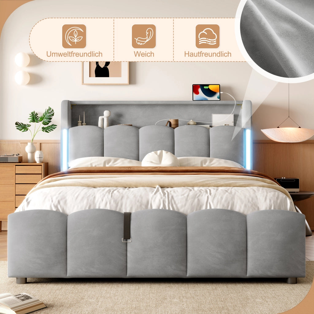 OKWISH Letto Contenitore 140×200 cm, Letto Matrimoniale con LED Regolabile, USB, Tipo C e Vano Contenitore in Testiera, senza Materasso, Velluto, Grigio