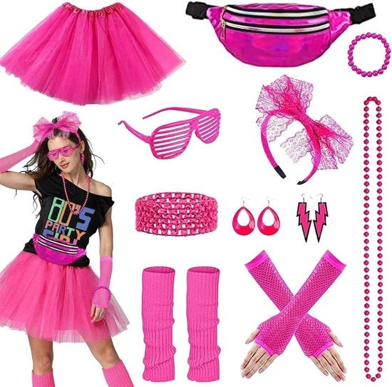 Outfit anni '80 per donne – 11 pezzi di accessorio da costume con abbigliamento neon, tutù, cintura per la testa, orecchini, collana e guanti per mani per feste tematiche e carnevale