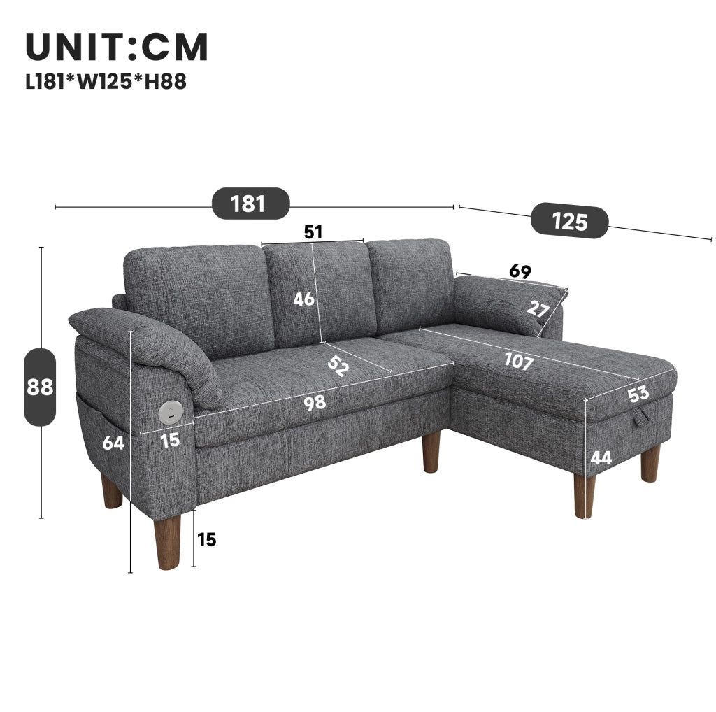 Divano angolare a L con chaise longue reversibile; USB/Type-C; chenille grigio chiaro 181x125x88 cm