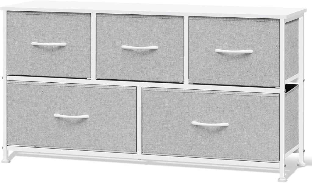 Cassettiera Camera da Letto, Cassettiera con 5 Cassetti a 2 Livelli in Tessuto, Mobile con Cassetti Industriale, Struttura in Metallo e Legno, Grigio Tortora + Bianco Nuvola