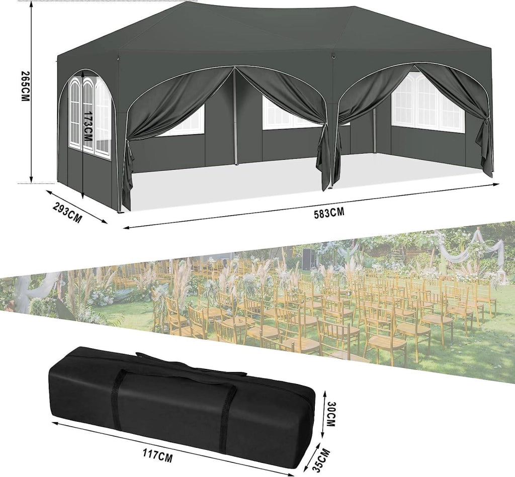Gazebo 3x6 m grigio con 6 pareti laterali, tetto impermeabile e protezione UV