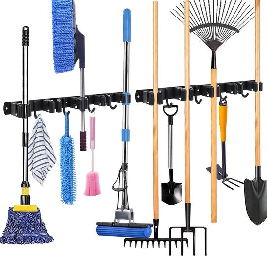 Sostegno per scopa da appendere al muro, 2 pezzi, acciaio inossidabile, sostegno attrezzi giardinaggio, regolabile, sostegno scopa, nero, adesivo, con 5 supporti e 4 ganci, per uso domestico, cucina, garage, giardino.