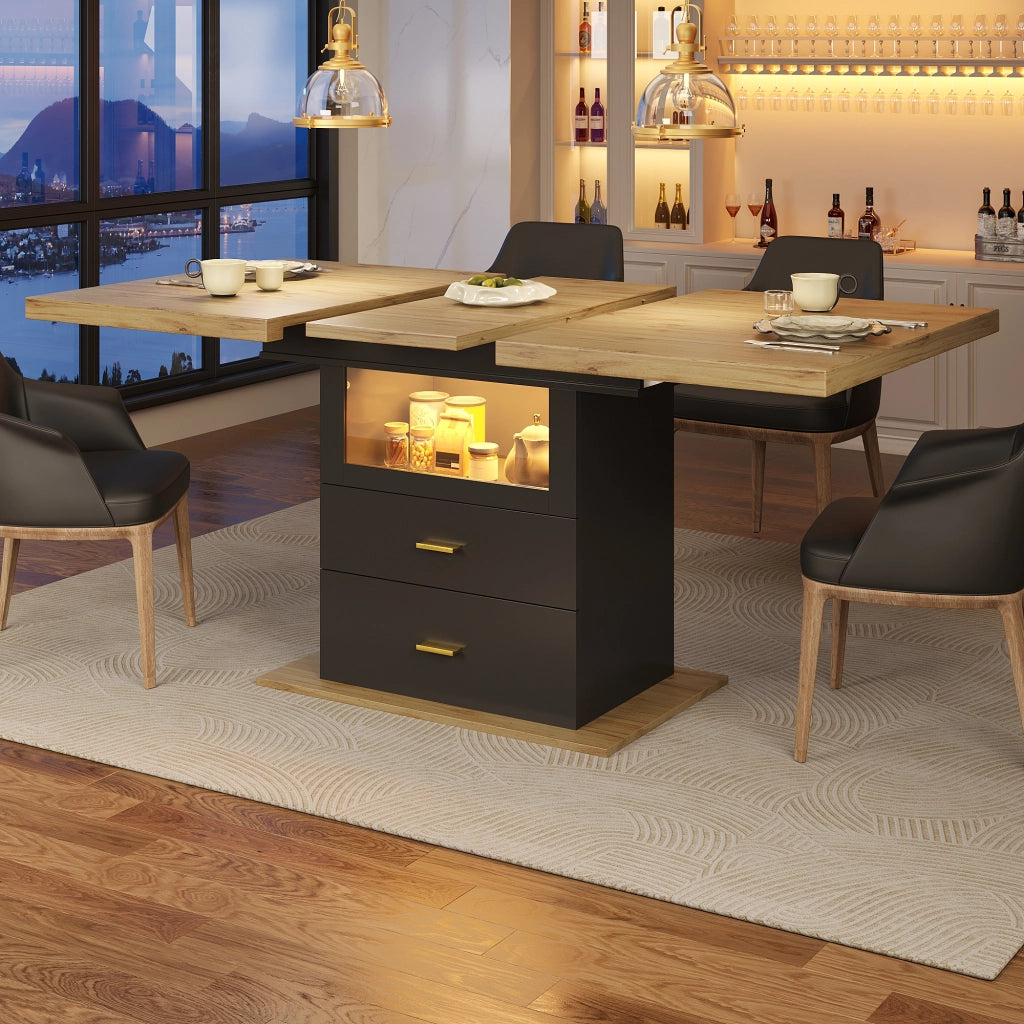 Tavolo allungabile con 2 cassetti e LED piano in MDF e metallo per cucina soggiorno e balcone nero effetto legno