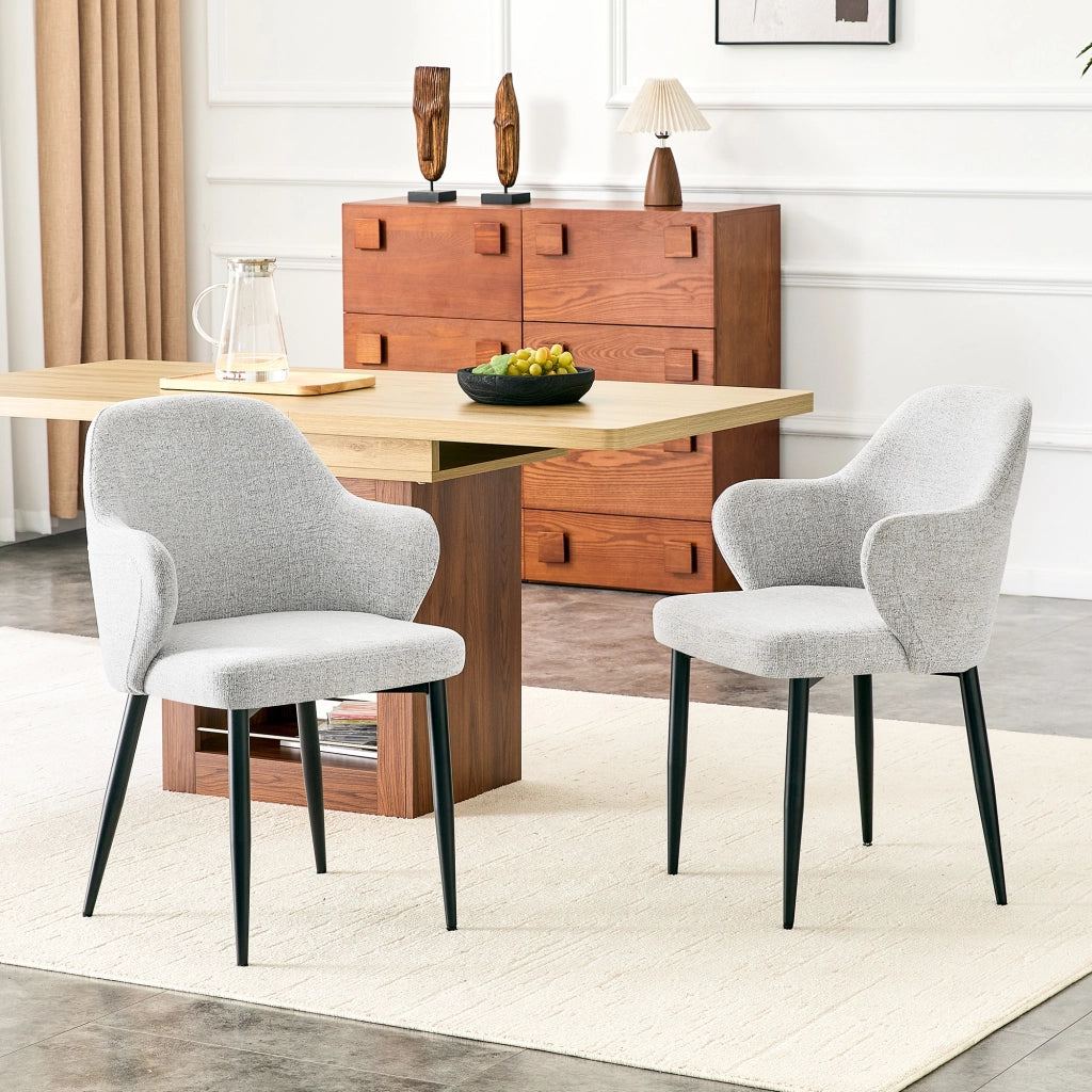 Set 2 sedie da pranzo in tessuto grigio chiaro con gambe in metallo nere, altezza 83 cm