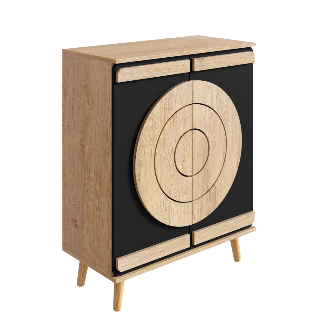Scarpiera moderna con ante geometriche rotonde; 76 x 37 x 98;5 cm; nero in MDF