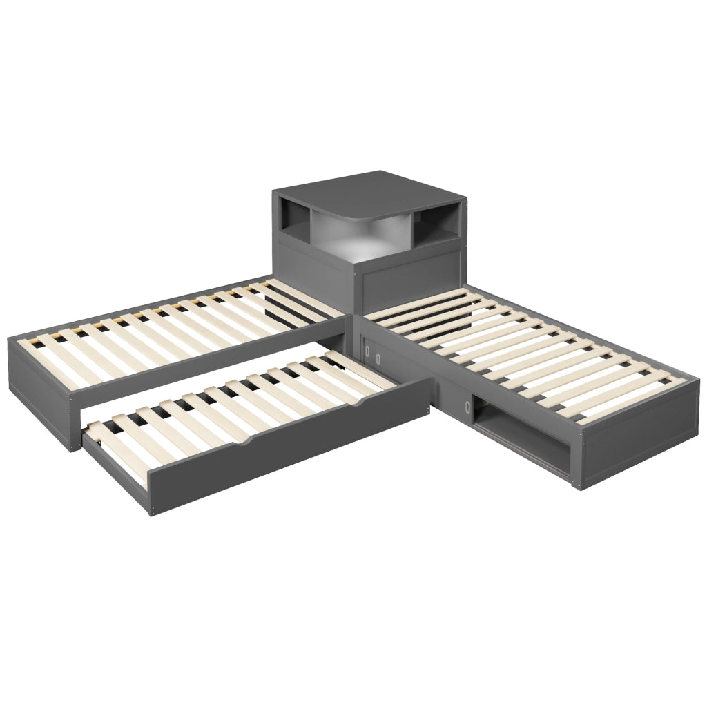 Letto singolo 90x200 con letto estraibile, ante scorrevoli e luce LED grigio