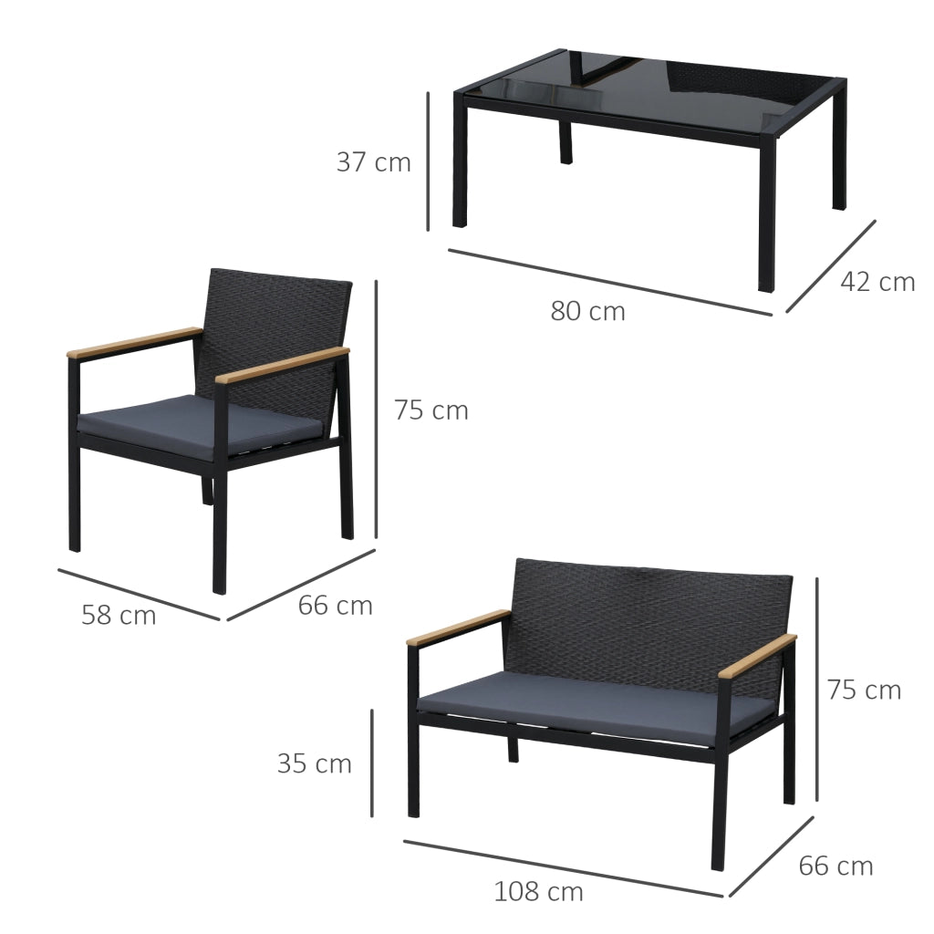 EasyComfort Set 4 Pezzi Salotto da Esterni con 2 Sedie, Divano e Tavolino Mobili da Giardino in Rattan e Acciaio Nero