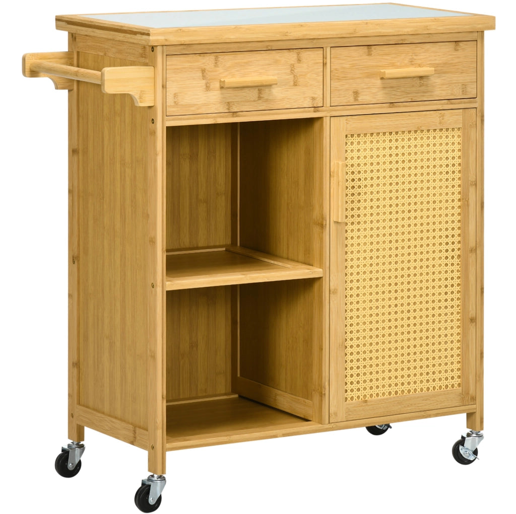 Carrello cucina in bambù con ante in rattan e piano in vetro