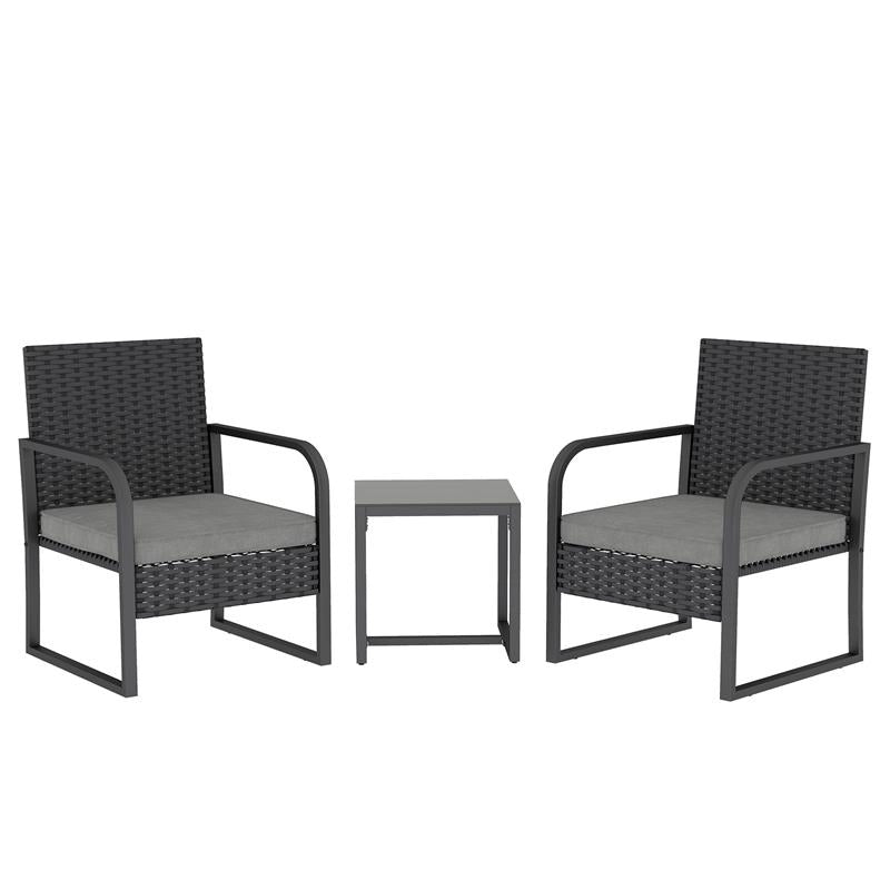 SALOTTO DA GIARDINO IN RATTAN CON 2 POLTRONE DA ESTERNO E TAVOLINO CON PIANO IN VETRO, NERO