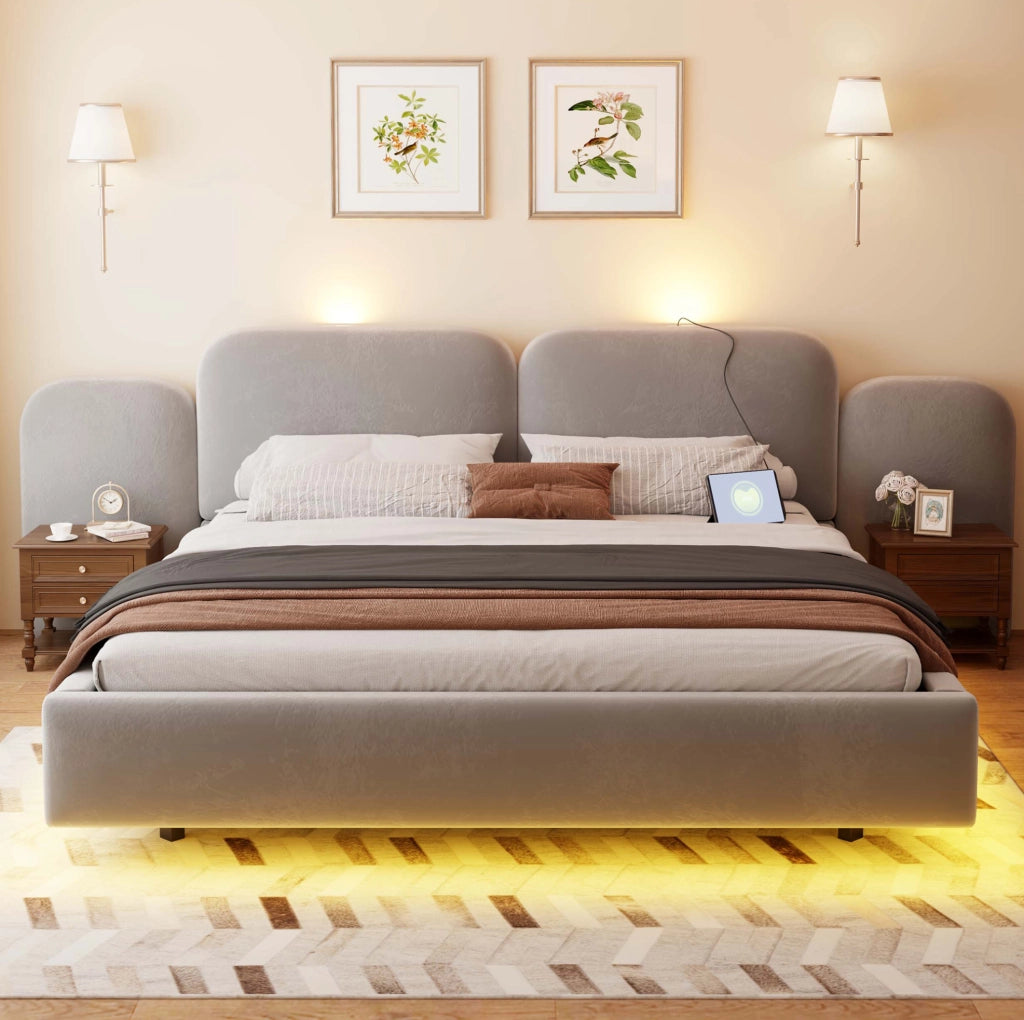 Letto imbottito 180x200 cm con contenitore idraulico, LED RGB e USB-C in velluto grigio