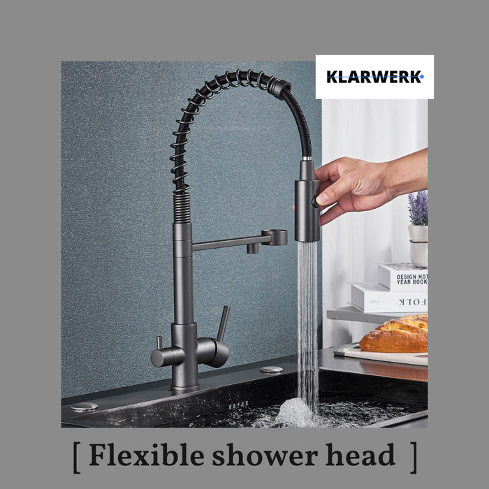 Bernd | Filtro opaco  3 vie grigio titanio gastronomia Rubinetto cucina amolla in acciaio inossidabile osmosi|Miscelatore da ristorante ruotabile 360°