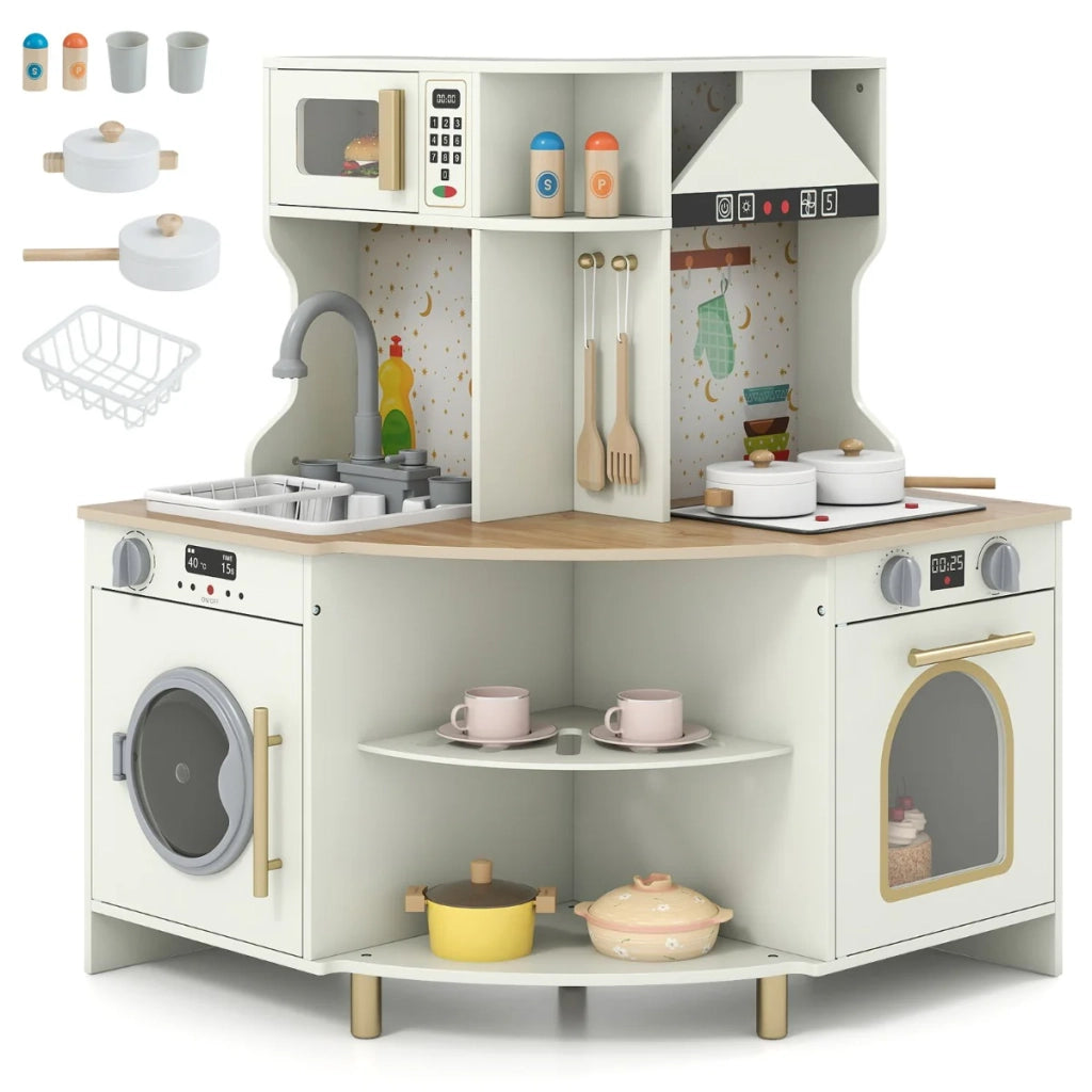 Cucina angolare in legno per bambini 62 x 62 x 80 cm con rubinetto funzionante e suoni realistici design moderno beige 20_0017837