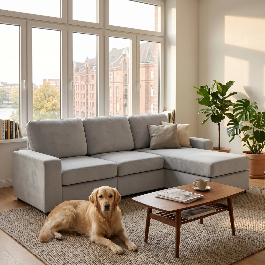 Divano angolare con 4 vani contenitori e chaise longue reversibile in poliestere grigio chiaro 245,5 cm