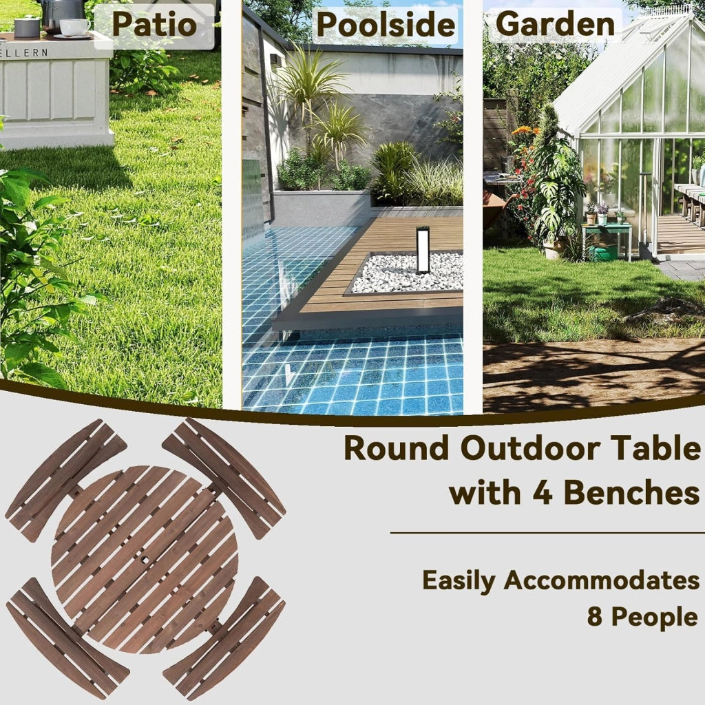 Set da Giardino per 8 Persone in Legno di Abete, Tavolo con Sedie Integrato e Foro per Ombrellone, Mobili da Esterno per Terrazza, Cortile e Pic-Nic, 178 x 70 cm