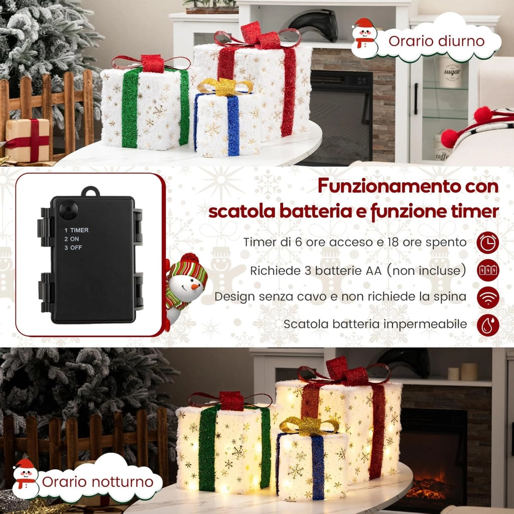 Set di 3 Scatole Regalo Illuminate per Natale, Decorazione Natalizia Pre-illuminata con 48 Luci Calde e Luminose, per Casa e Giardino (Bianco)