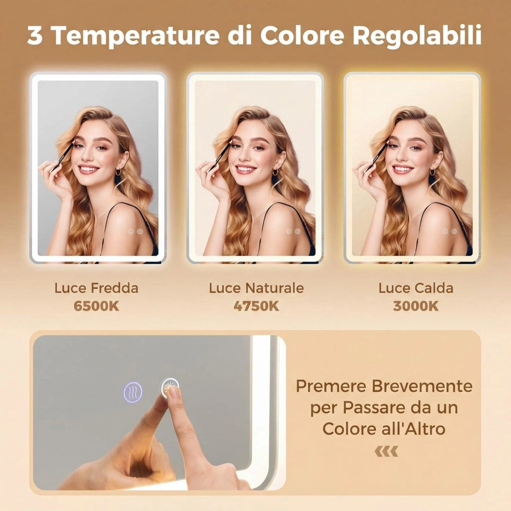 Specchio da Bagno LED 70 x 50 cm, Vetro Temperato Antiesplosione, Specchio da Parete Retroilluminato Dimmerabile con 3 Colori di Illuminazione e Anti-Appannamento (70 x 50 x 3 cm)