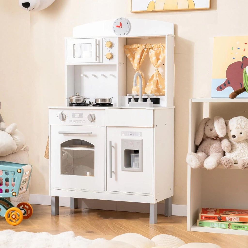 Cucina Giocattolo per Bambini, Cucina Finta in Legno Regolabile in Altezza, Forno a Microonde, Fornelli, Lavello, Forno, Fabbricatore di Ghiaccio, Cucinetta Giocattolo con Tende, per 3+ Anni