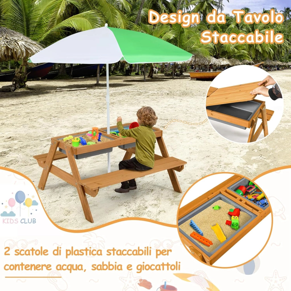 Set Tavolo Picnic Bambini 3 in1 con Ombrellone Rimovibile e Regolabile, Tavolino con Piano Rimovibile, Tavolo con Panche in Legno per Bambini da Interno Esterno (bianco+verde)