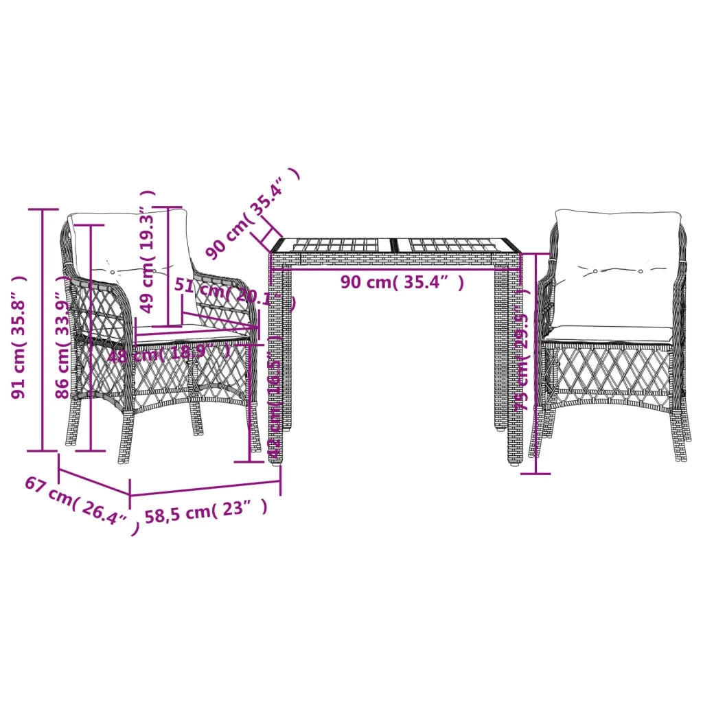 Set da Bistrò 3 pz con Cuscini Nero in Polyrattan 3212042