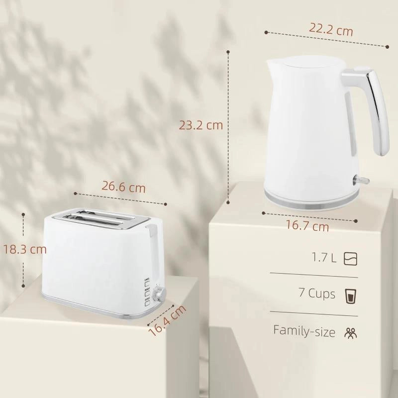 SET BOLLITORE ELETTRICO DA 1.7L 2200W CON TERMOSTATO E TOSTAPANE DOPPIO CON 7 LIVELLI DI DORATURA, BIANCO