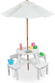Set da giardino per bambini con tavolo da picnic, ombrellone e sedie in legno per bambini, bianco