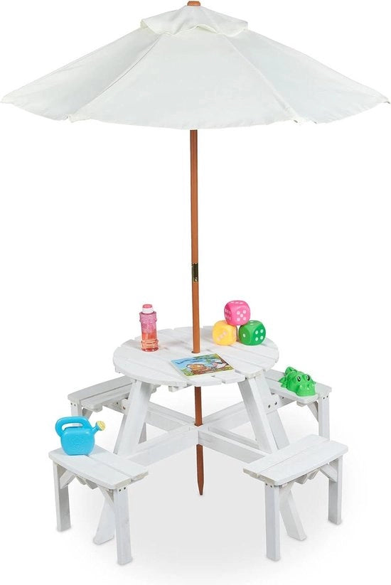 Set da giardino per bambini con tavolo da picnic, ombrellone e sedie in legno per bambini, bianco